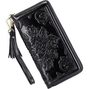 Women's Black Leather Wallets For Floral Wristlet Wallet Card Holder Purse